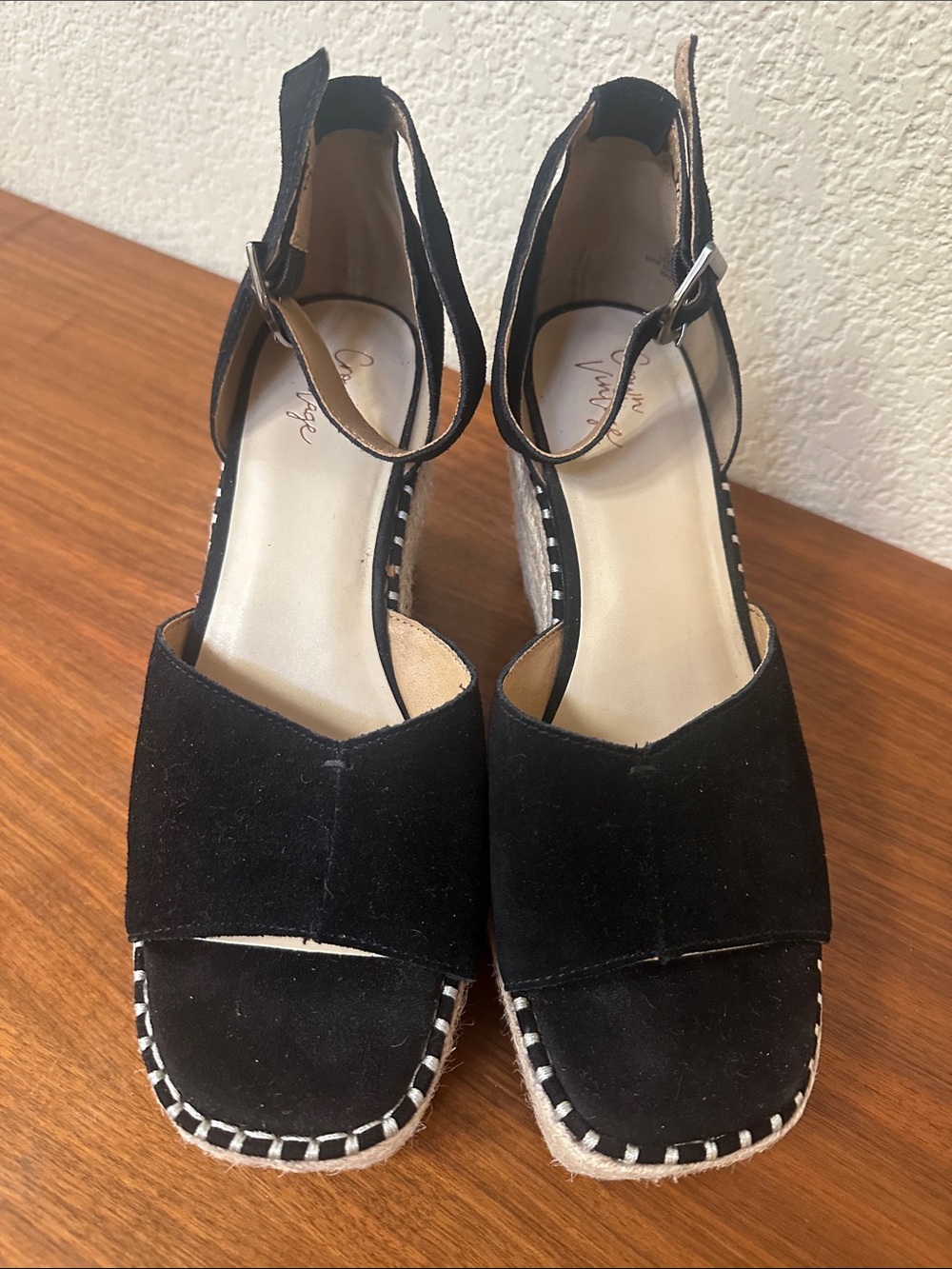 Crown Vintage Black Suede Espadrille Ankle-Strap Wedges